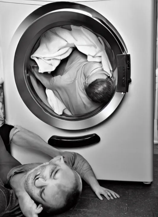 Prompt: man stuck inside a washing machine, bad quality, shaky camera, funny