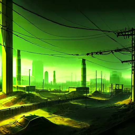 Prompt: radioactive wasteland los santos, spilled green - yellow toxic waste emits vibrant light, foggy atmosphere, by rembrandt and wlop, intricate, detailed, photorealistic imagery, artstation