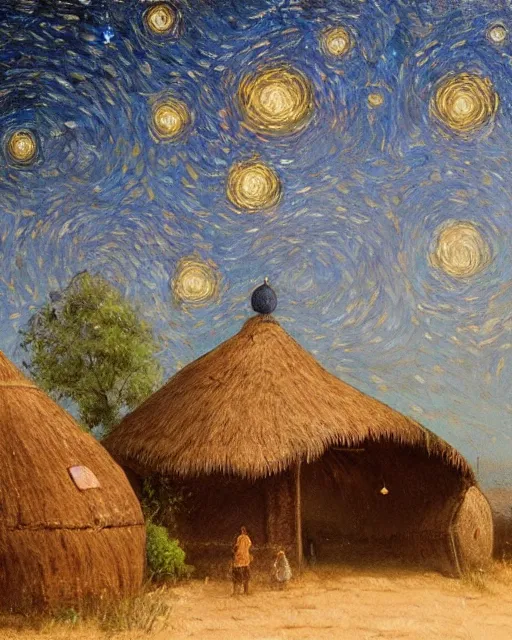 Image similar to Painting by Greg Rutkowski, A large ceramic jar with a golden ornament flies high in the starry night sky above small huts under thatched roofs