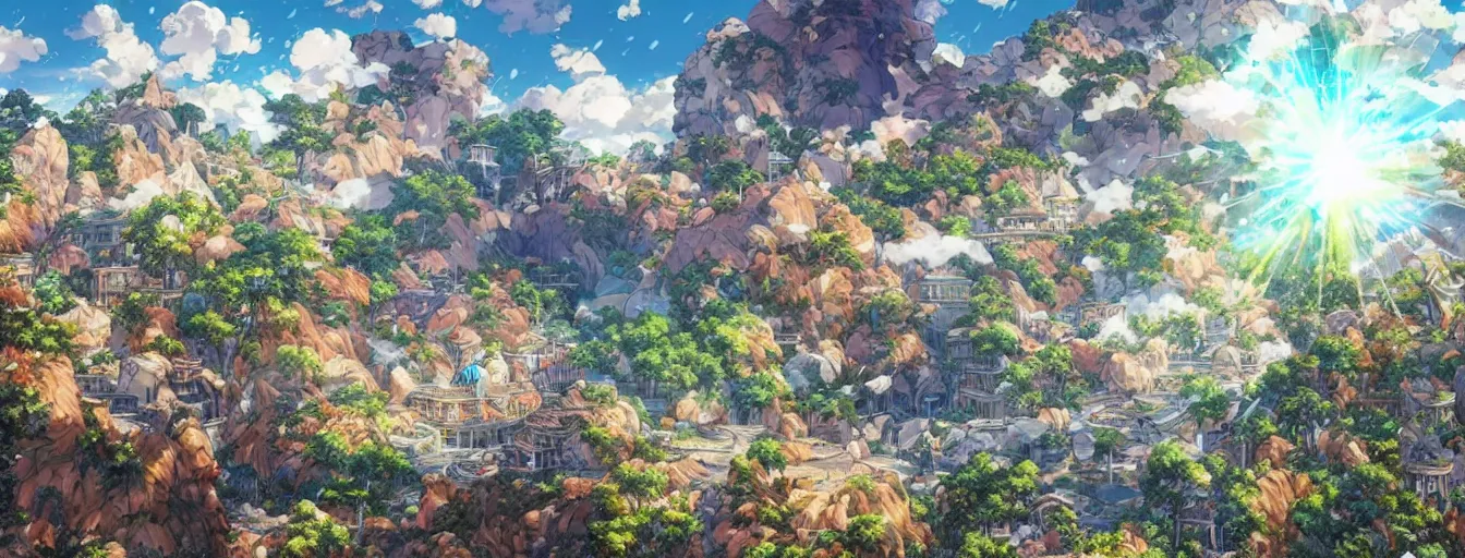 Prompt: rocks raining from the sky bright and open sky. hyperrealistic anime background illustration by kim jung gi, colorful, extremely detailed intricate linework, smooth, super sharp focus, bright colors, high contrast, matte, octopath traveler, unreal engine 5 highly rendered, global illumination, radiant light