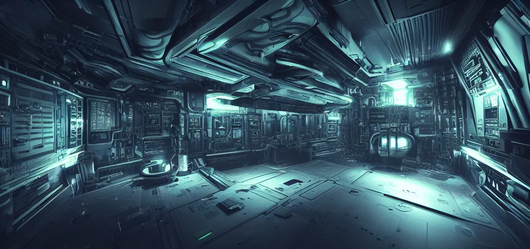 Image similar to dramatic render of interior of dark futuristic spaceship engine room at night, only light source is the large oblong shaped neon battery in the centre, ambient occlusion, raytracing, unreal engine, dramatic lighting, detailed,, global illumination, 3 d artstation by greg rutowski and neil blevins