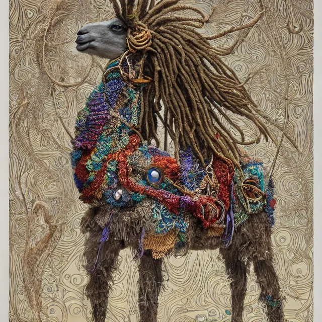 Image similar to llama with dreadlocks, detailed, by ernst haeckel, james jean, el anatsui, mandy jurgens