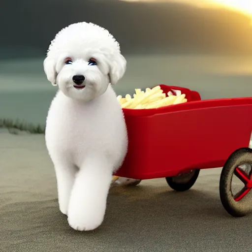 Prompt: a photorealistic photograph of a smiling white Bichon Frisé puppy pulling a little red wagon that is overflowing with french fries during sunset at the beach Trending on Artstation, featured on Behance, well-rendered, Unreal Engine, 4K HD