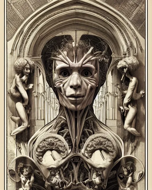 Prompt: human head morphs in together with a gothic cathedral, anatomically correct medical photography, moody, highly detailed digital painting, artstation, rule of thirds, sharp focus, art by raphael, john william godward, ernst haeckel, alphonse mucha, francois schuiten