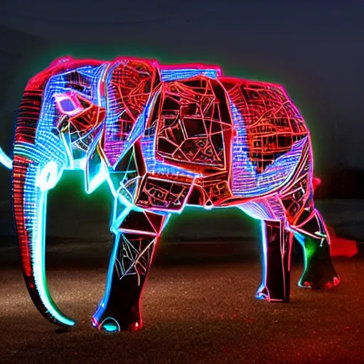 Prompt: a cybertronic elephant made of metal, glowing led tusks