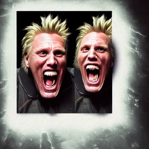 Image similar to hyperrealistic mixed media image of gary busey screaming at a mirror, stunning 3 d render inspired art by xiang duan and thomas eakes and greg rutkowski, perfect facial symmetry, hyper realistic texture, realistic, highly detailed attributes and atmosphere, dim volumetric cinematic lighting, 8 k octane detailed render, post - processing, masterpiece,