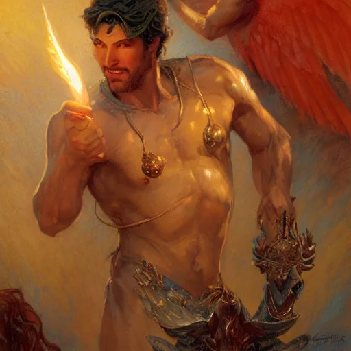 Image similar to attractive male deity casts dark spell, summons attractive male lucifer morningstar. highly detailed painting by gaston bussiere, craig mullins, j. c. leyendecker 8 k