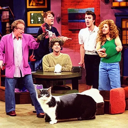 Image similar to the jerry springer show with cats, nineties style, tv show, colorful, vhs tape