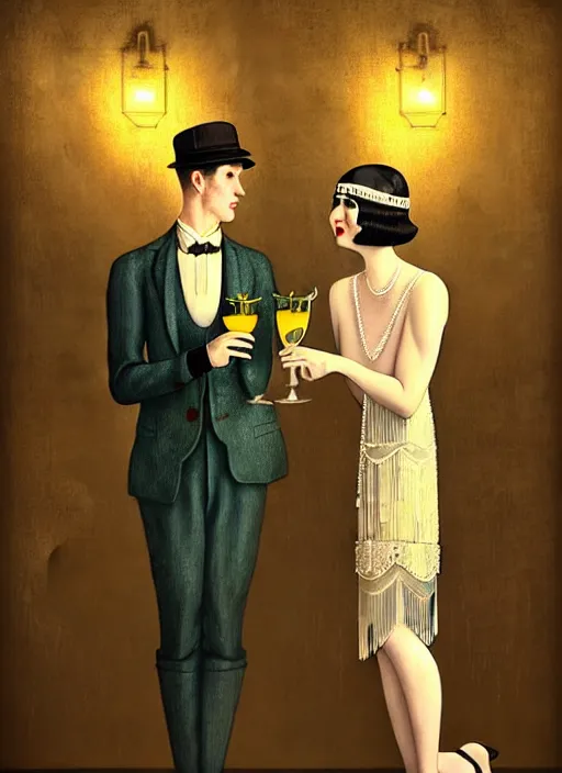 Prompt: a beautiful classy flapper couple, dimly lit upscale 1920s speakeasy, relaxed pose, fantasy, art deco, detailed painterly digital art style by WLOP and Cory Loftis, 🍸🍋, 8k octane beautifully detailed render, post-processing, extremely hyperdetailed, intricate, epic composition, grim yet sparkling atmosphere, cinematic lighting + masterpiece, trending on artstation, very detailed, vibrant colors