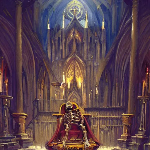 Image similar to Human skeleton king resting on his throne inside a cathedral, oil painting, by Fernanda Suarez and Greg Rutkowski