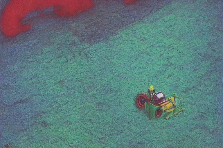 Image similar to john deere harvester, art by beksinski and pauline baynes, trending on artstation, iridescent cool blue and cyan and red and blue and yellow and green lighting camera view from above surrealism, very very intricate, concept art, fisheye lens, situationist international