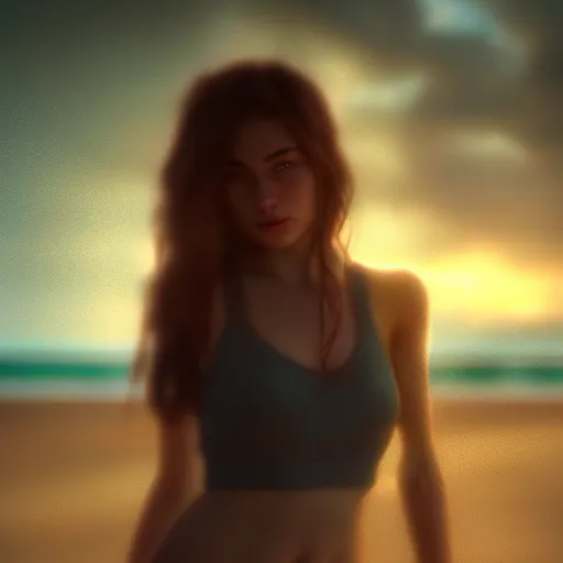 Image similar to a photorealistic hyperrealistic, girl on the beach, beautiful dynamic dramatic low - light moody lighting, cinematic atmosphere, artstation, concept design art, octane render, 8 k