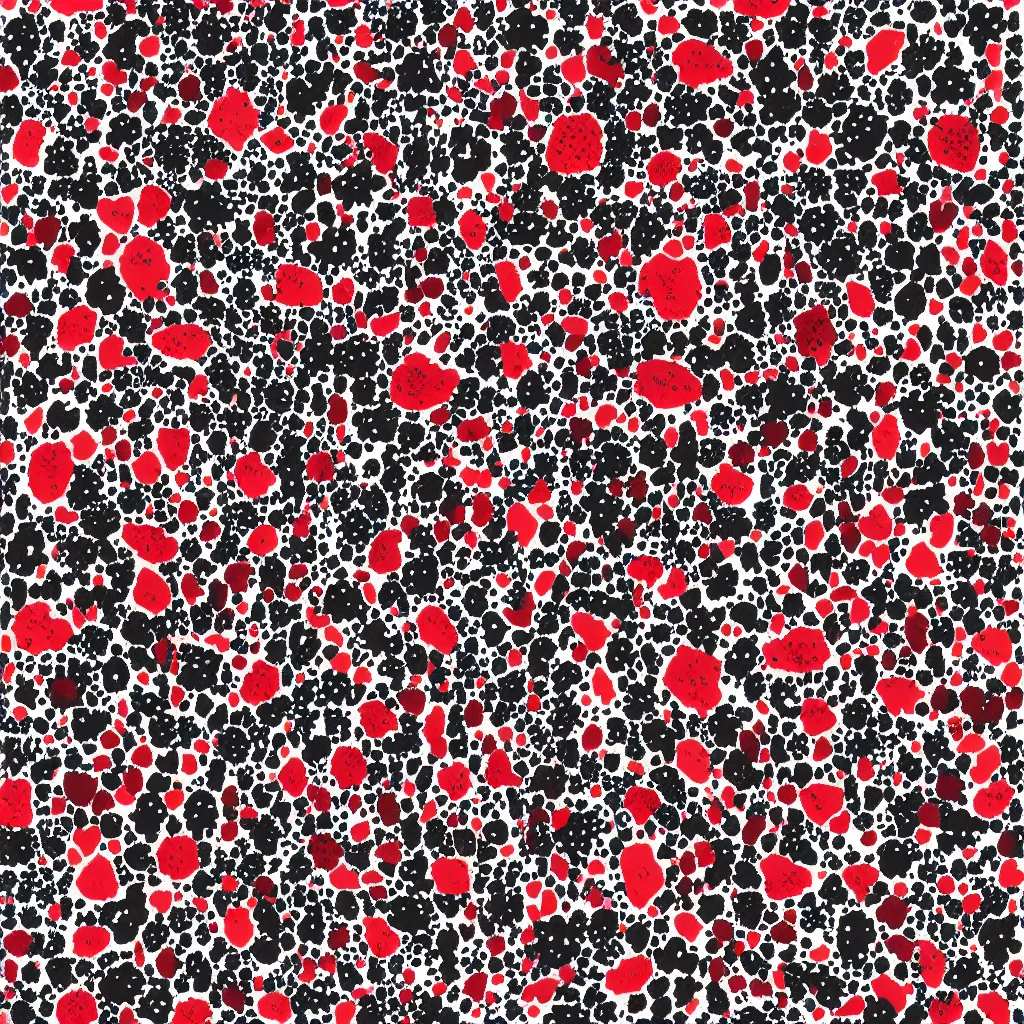 Image similar to camo made of strawberries, smiling, abstract, rei kawakubo artwork, cryptic, dots, stipple, lines, splotch, color tearing, pitch bending, color splotches, hearts, dark, ominous, eerie, minimal, points, technical, old painting