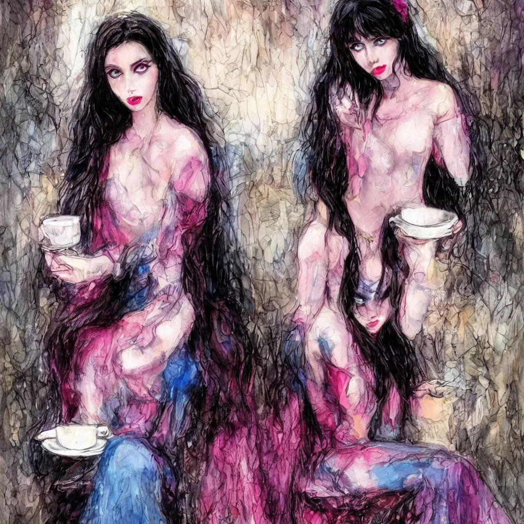 Image similar to beautiful young dark haired girl, with blue eyes, pink lips, dark eye shadow, lois royo style, dark princess of coffee, sitting on a throne drinking coffee.