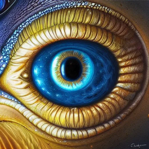 Prompt: low angle shot of a chicken eye with the galaxy in the iris by clive barker, intricate, elegant, highly detailed, centered, digital painting, artstation, concept art, smooth, sharp focus, illustration, artgerm, Tomasz Alen Kopera, Peter Mohrbacher donato giancola, Joseph Christian Leyendecker, WLOP, Boris Vallejo.