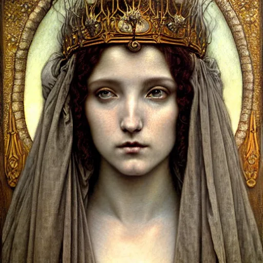 Image similar to detailed realistic beautiful young medieval queen face portrait by jean delville, tom bagshaw, brooke shaden, gustave dore and marco mazzoni, art nouveau, symbolist, visionary, gothic, pre - raphaelite, ornate gilded medieval icon, surreality, ethereal, unearthly, haunting, celestial, neo - gothic, ghostly, memento mori, eerie