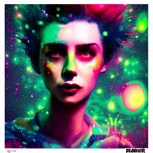 Prompt: splashes of neon galaxies, mowhawk, punk women portrait made out of paint with rain in the background, trending on artstation, epic composition, emotional, beautiful, rendered in octane, highly detailed, realistic, tim burton comic book art, sharp focus, matte painting, unreal engine