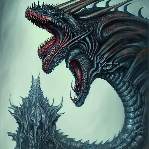 Image similar to Giger portrait of queen dragon, Dragon in dragon lair, HD, full body dragon concept, flying dragon, soft shading, hyperdetailed, wide angle lens, fantasy, futuristic horror, style of giger