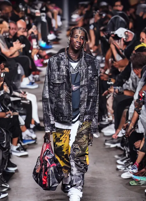 Image similar to hyperrealistic and heavy detailed nike runway show of travis scott, leica sl 2 5 0 mm, vivid color, high quality, high textured, real life