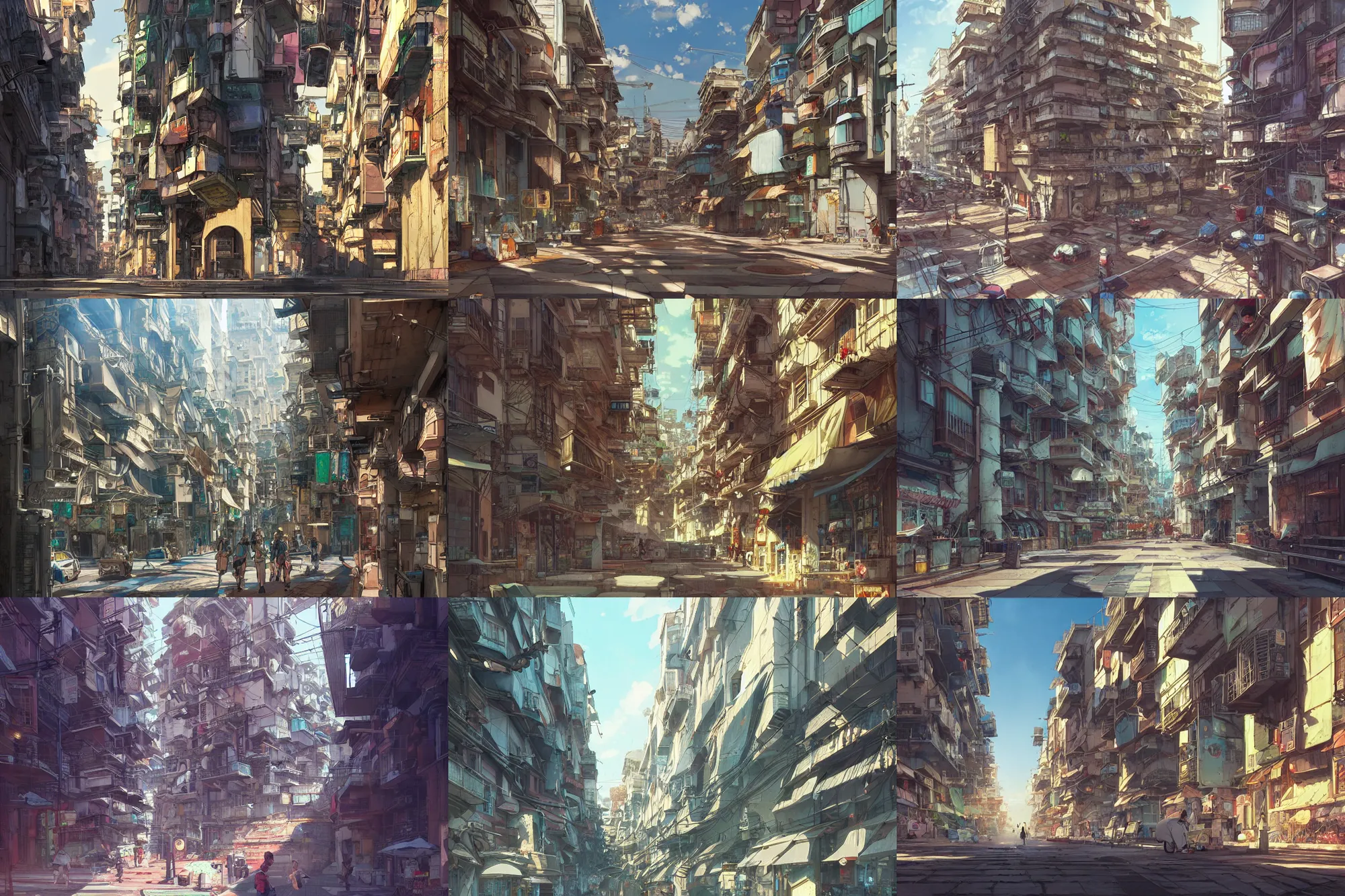 Prompt: palermo city street, hyper detailed, digital painting, artstation, concept art, sharp focus, illustration, art by makoto shinkai and masamune shirow