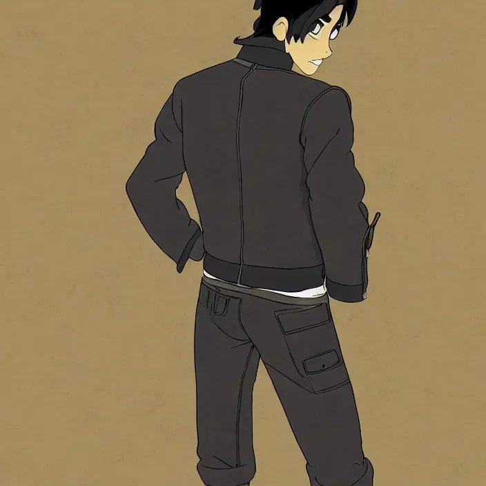 Image similar to cantido joseph nandaba wearing a leather bomber jacket, black sweatpants, studio ghibli, character design, high resolution