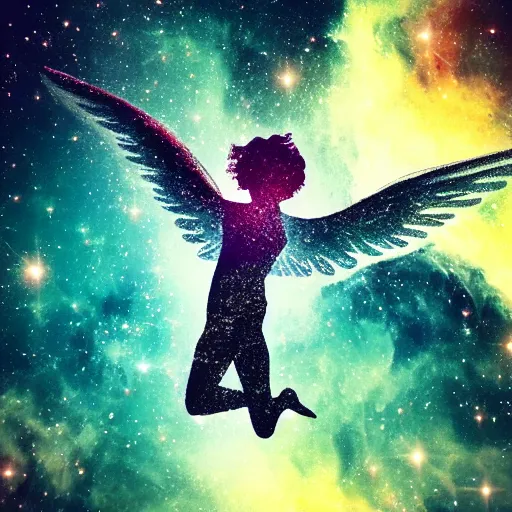 Image similar to a giant solid angel flying through a nebula