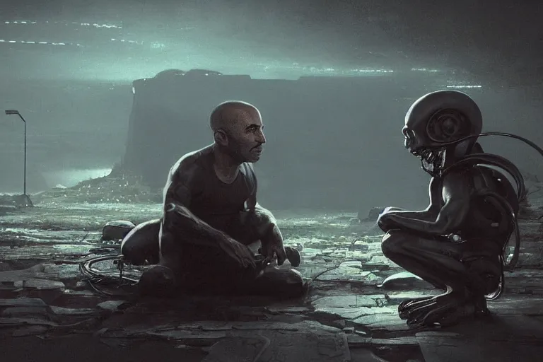 Image similar to joe rogan interviewing an alien, octane render, by greg rutkowski