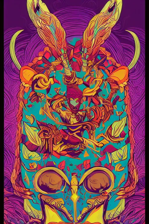 Image similar to animal mask totem roots flower tribal feather gemstone plant wood rock shaman vodoo video game vector cutout illustration vivid multicolor borderlands comics by josan gonzales and dan mumford radiating a glowing aura