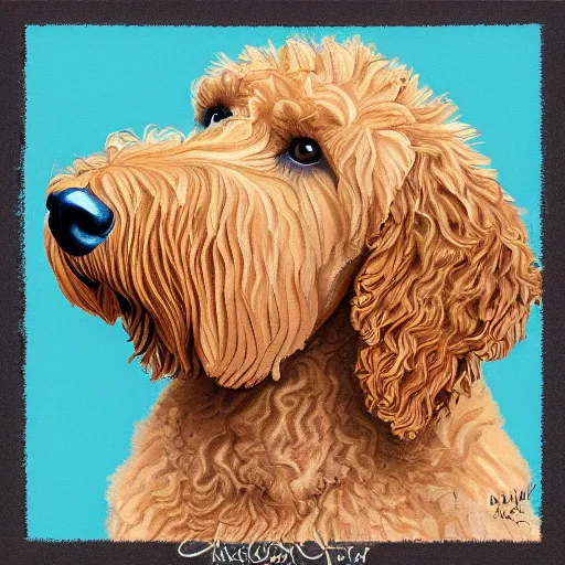 Image similar to light haired golden doodle painted as portrait of a queen intricate, hyper detailed