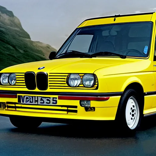 Image similar to A commercial van designed and produced by BMW, with 1988 M3 E30 design elements, DHL livery promotional photo