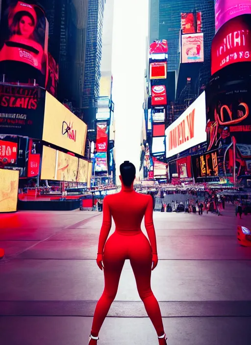 Prompt: kim kardashian, centered full body rear-shot, pov from rear, in red sportswear, real photo, photoshooting, studio light, nyc times square background, intricate, epic lighting, cinematic composition, hyper realistic, 8k resolution, unreal engine 5