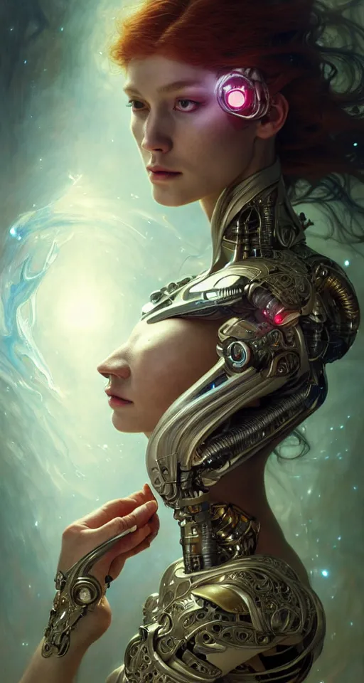 Image similar to cyborg recharging, diffuse lighting, fantasy, intricate, elegant, highly detailed, lifelike, photorealistic, digital painting, artstation, illustration, concept art, smooth, sharp focus, art by John Collier and Albert Aublet and James jean and Brian froud and ross tran and Artem Demura and Alphonse Mucha