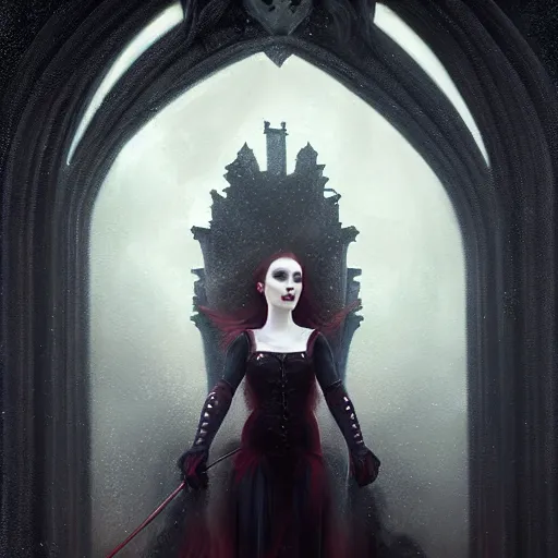 Image similar to portrait of a riveting scottish vampire woman!, atmospheric lighting, gothic makeup, intricate, transylvanian castle, volumetric lighting, beautiful, starlit sky, sharp focus, ultra - detailed, by tom bagshaw leesha hannigan, ross tran, thierry doizon, kai carpenter, ignacio fernandez rios