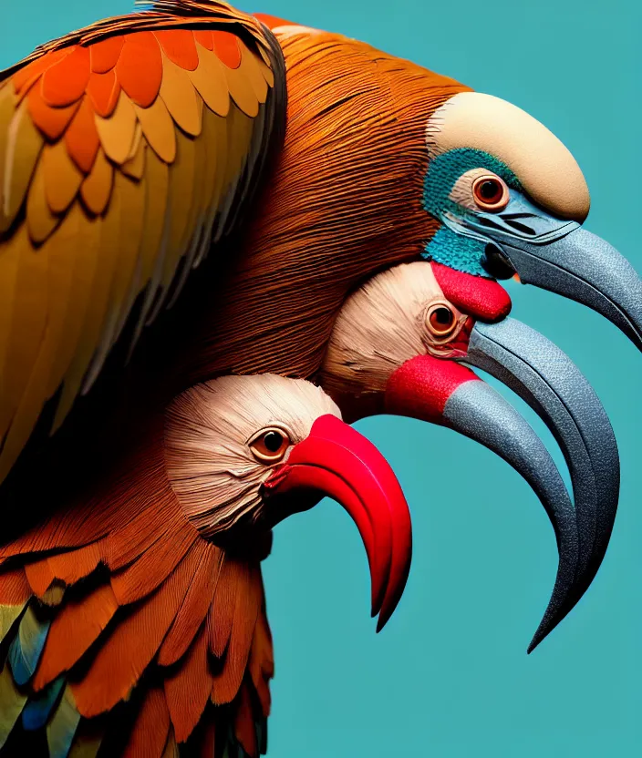 Image similar to a high resolution realistic photo portrait of a birdlike sculpture creature made of birds merged, creature wrinkles pheasant, feathers exotic morphing hoopoe, morphing wings king vulture head, global illumination, refraction, displacement map, bump map, normal map