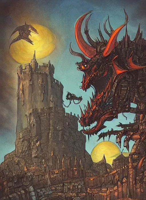 Prompt: detailed fantasy comic book drawing of a ( giant mechanical dragon ) over a ( stronghold castle ) by simon stalenhag, simon bisley!, jack kirby!!! and gris grimly, cinematic, epic, awesome color palette, hard contrast, ink outlines