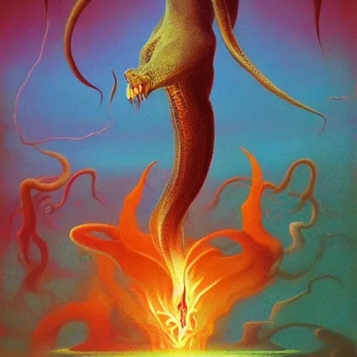 Prompt: squid dragon, fire, psychedelic by zdzisław beksiński