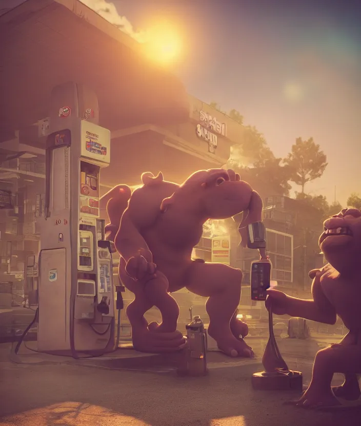 Image similar to a troll, drinking gas from a gas station pump. fuel everywhere. a troll, ogre, gargoyle drinking from a fuel pump. high quality sharp focus, beautiful volumetric light. photograph by tooth wu, wlop, beeple, dan mumfor, octane render, artstation