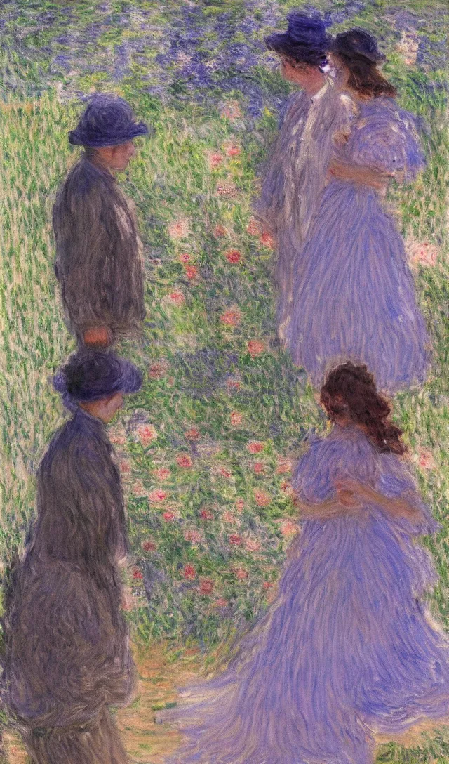 Image similar to 2 person looking at each other, 1 being the adult version and the other being the child, by monet