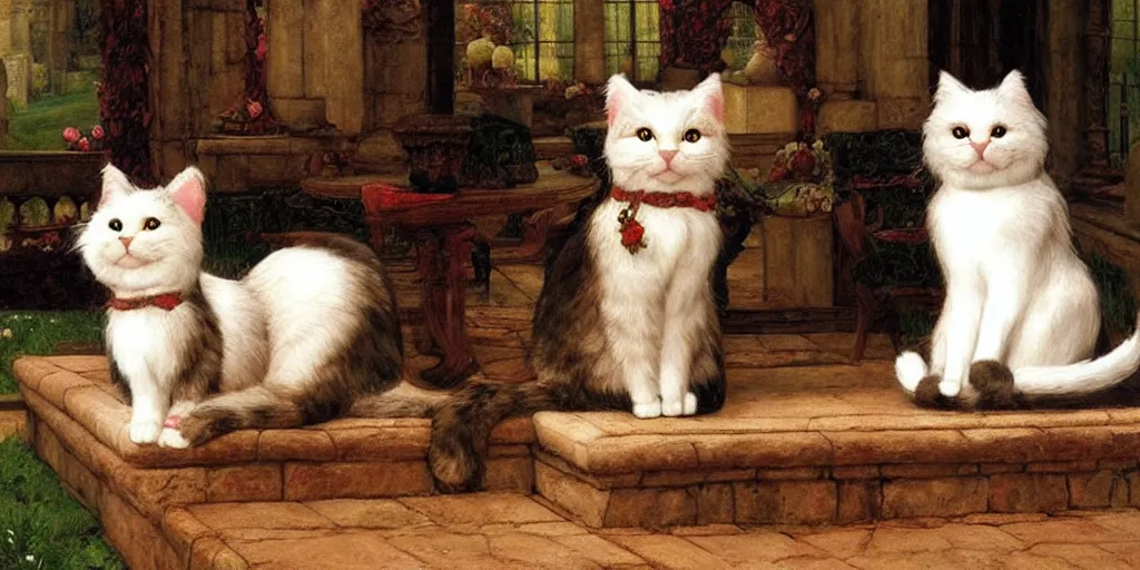 Image similar to 3 d precious moments plush cat, sitting in a castle, realistic fur, stuffed animal, master painter and art style of john william waterhouse and caspar david friedrich and philipp otto runge