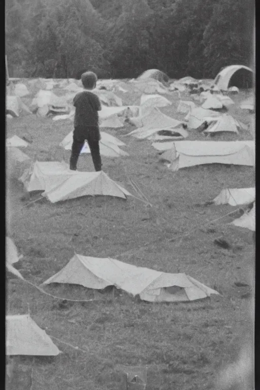 Image similar to photo polaroid of a sad and lonely child stands in the middle many tents of field hospitals, pandemic, covid,loneliness, black and white ,photorealistic, 35mm film,