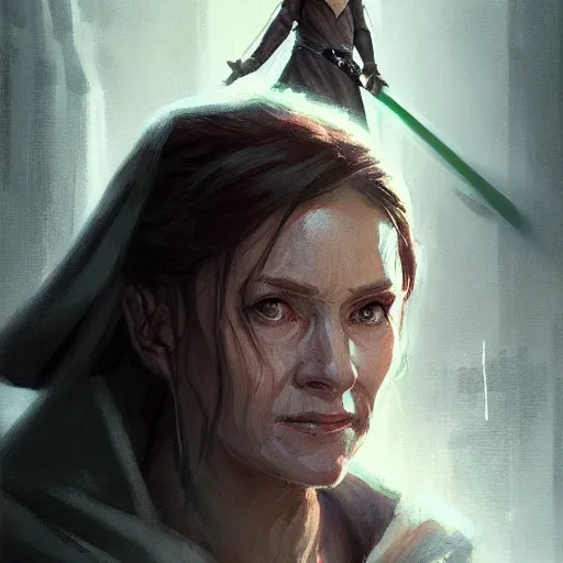 Image similar to portrait of a jedi master woman by greg rutkowski, french features, smirk, jedi robes, star wars expanded universe, she is about 6 0 years old, wearing jedi robes, highly detailed portrait, digital painting, artstation, concept art, smooth, sharp foccus ilustration, artstation hq