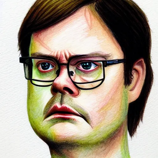 Image similar to a portrait of dwight schrute, from the office ( 2 0 0 5 ). colored pencil and watercolor artwork in the style of lilia alvarado. color harmony