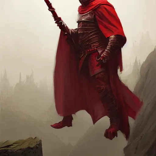 Image similar to a portrait of a red dragonborn monk in a white cloak, holding a spear with a black tip, fantasy art by greg rutkowski