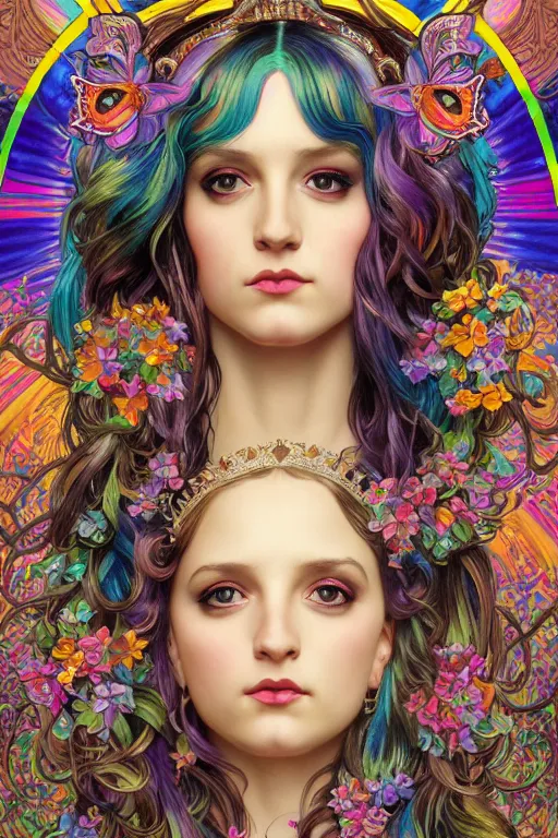 Image similar to a portrait of the lisa frank leopard print rainbow goddess from walmart, intricate, gothic, highly detailed, digital painting, crown of skulls, artstation, smooth, sharp focus, illustration, art by artgerm and greg rutkowski and alphonse mucha and william - adolphe bouguereau