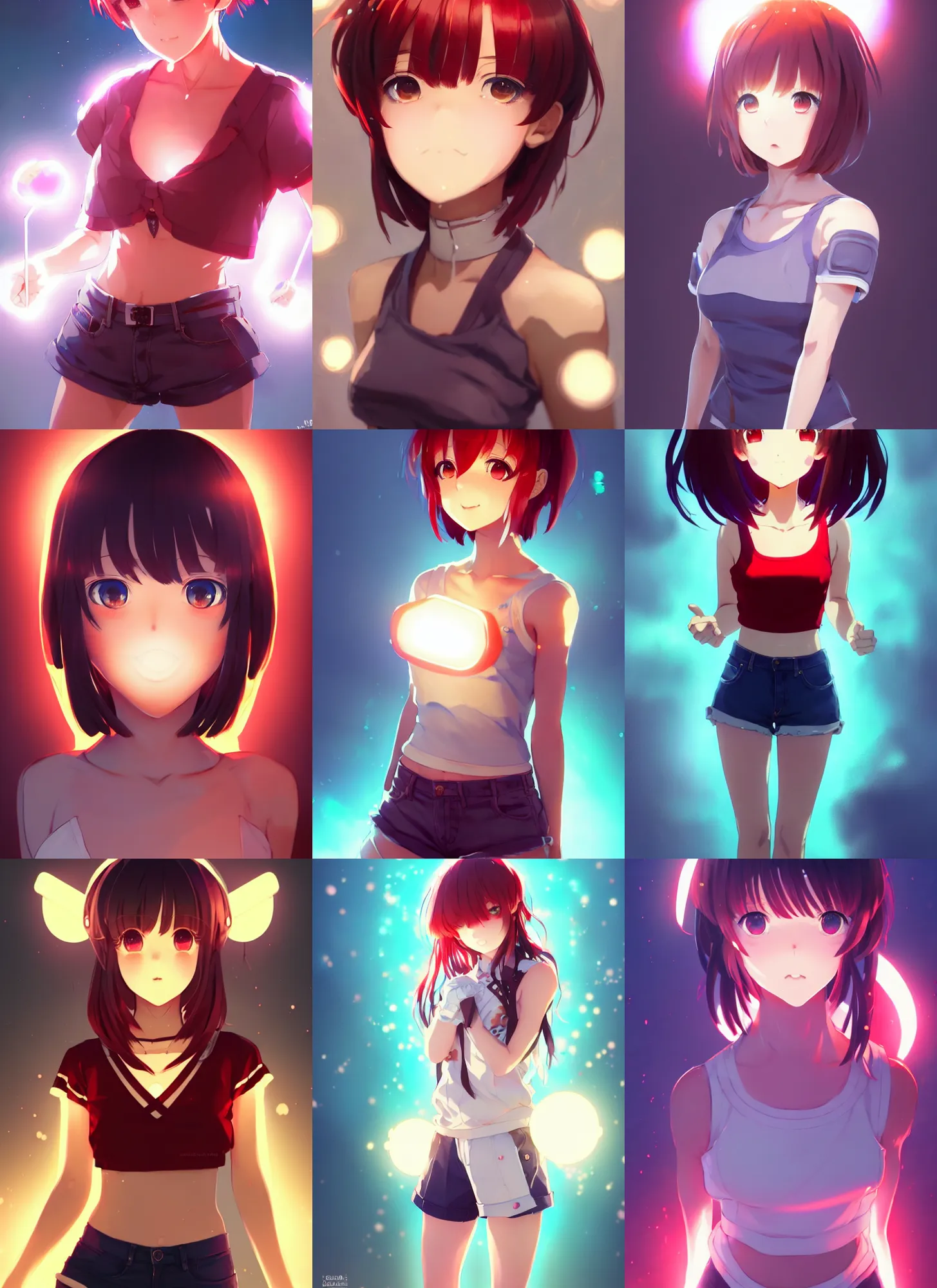 Prompt: fullbody!! wlop, rossdraws sakimimichan, ilya kuvshinov, krenz cushart, greg rutkowski. gorgeous anime girl symmetrical face, short red hair, crop top, daisy dukes shorts, light effect. hyper detailed, character concept, glowing lights!! intricate, elegant, digital painting, artstation, smooth, sharp focus