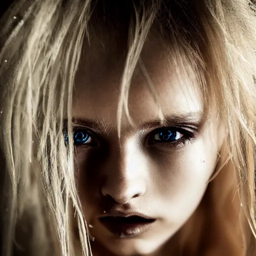 Image similar to A gorgeous blonde, grungy, unkept hair, glowing eyes, modelsociety, wet from rain, radiant skin, huge anime eyes, bright on black, dramatic, studio lighting, perfect face, intricate, Sony a7R IV, symmetric balance, polarizing filter, Photolab, Lightroom, 4K, Dolby Vision, Photography Award