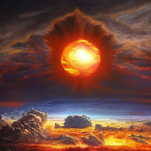 Image similar to the end of the world when the sun expands and burns the earth, highly detailed matte painting