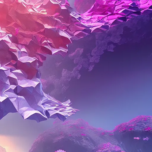 Image similar to an epic flowering alien landscape in the style of origami, 8 k, cinematic light, artstation