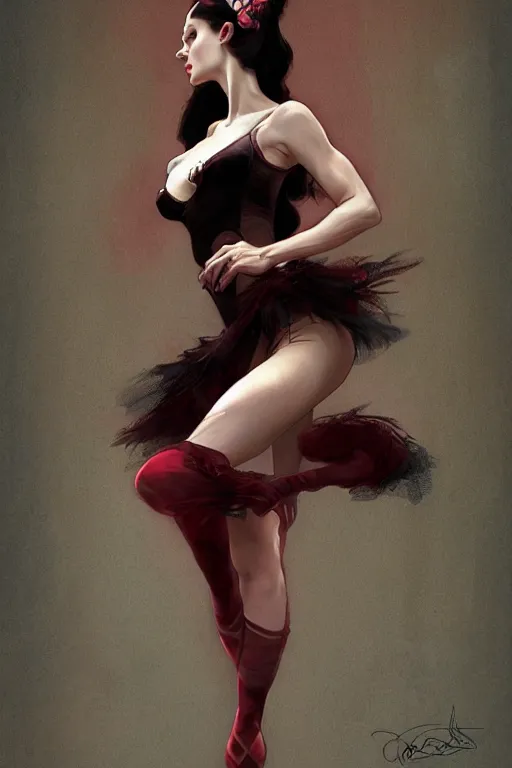 Image similar to a beautiful portrait of ballerina with long black and deep red colored hair dressed as a 1 9 6 0 s go - go dancer, intricate, elegant, highly detailed, digital painting, artstation, concept art, matte, sharp focus, illustration, art by greg rutkowski and alphonse mucha