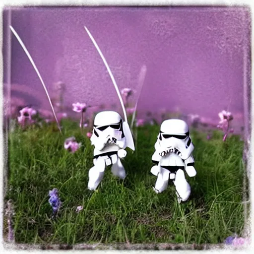 Image similar to little stormtrooper winged fairies, flying around the flowers in a sunny meadow